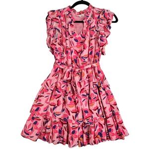 &merci Pink Floral Tiered Mini Dress Small Ruffle Belted Boho Rayon